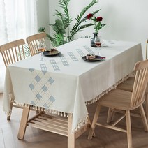 마켓에이 마름모 자수 태슬 식탁보, 아이보리, 140 x 180 cm