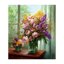 케이엠엘리 DIY 액자형 3D 창가의 화병 원형 보석십자수 40 x 50 cm, 혼합색상, 1세트