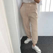 뜨개진 여성용 허리밴딩 스트링 니트 조거 엘루미 팬츠