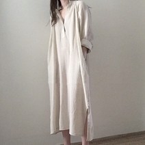 패션나비 셔츠 스타일 깊은 브이넥 미니 카라 포인트 7부 소매 롱 임산부 원피스