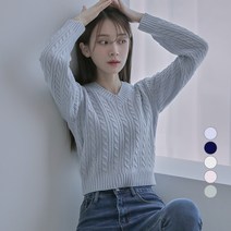 어썸어라운드 여성용 케이블 컬러 브이넥 니트