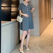 임산부 패션나비 단추 포인트 심플 디자인 빅사이즈 반팔 미니 원피스