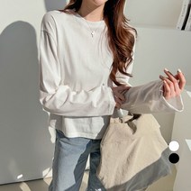 쿨쿠 여성용 코튼 세미 크롭 긴팔 티셔츠