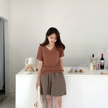 여성용 로즈안 린넨베이직 브이넥 반팔 티 T6927K15