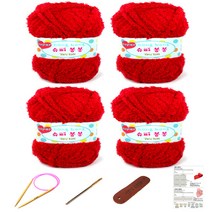행복뜨기 슈퍼봉봉 뜨개실 4p + 줄바늘 4.5mm + 돗바늘 + 라벨 + 4종 목도리도안 세트, 1세트, 빨강