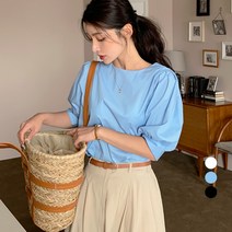 보에리에 여성용 라운드넥 퍼프 반팔 코튼 블라우스