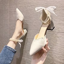 봄향기 뒷 리본 진주 스트랩 스틸레토 하이힐 PRDS516