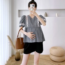 알럽홈 체크 퍼프소매 임부 블라우스