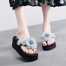 여성용 풍성한 플라워 통굽 슬리퍼 웨지 샌들 쪼리 6cm