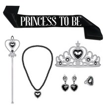 미미파티 티아라 왕관 어깨띠 보석 악세사리 공주 세트, 블랙, 1세트