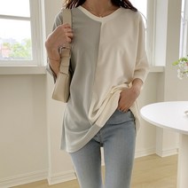 새돈아 여성용 배색 반팔 루즈 5부 티셔츠 T6889K14