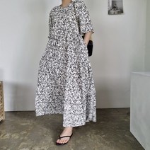 루즈핏 잔꽃 플라워 캉캉 날개 소매 맥시 롱 원피스 에스닉룩