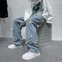 남성 하이 스트리트 러브 자수 레트로 바이브 프린지 과 스트레이트 캐주얼 청바지 88