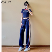 vsyoy 레저 스포츠 정장 여성 여름 얇은 패션 외국 스타일 연령 감소 그물 붉은 튀김 거리 넓은 다리 바지 투피스 여름 정장