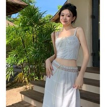 하와이원피스 바캉스 비치 해변 스커트 여성 여름 섬 휴가 착용 분할 자루 레이스 드레스 복장 투피스 세트 하프 길이