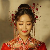 신부 중국식 봉관 복고 고풍 대기 붉은색 고풍 머리장식 궁중결혼 금색 혼례 머리장식 세트