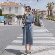 리아리아 여름 여성 반팔 롱 청원피스 데님 원피스 H라인