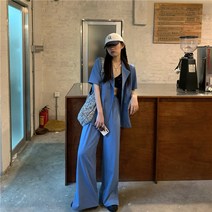 2021년 여름신상 여성용 루즈 오버핏 반팔정자자켓 허리밴딩 정장세트