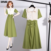 DFMEI 트임 원피스 여 허리 조여 날씬해 보이는 반팔 스커트