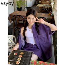 vsyoy 아메리칸 스트리트 데님 반팔 재킷 루즈 레트로 올 매치 A 라인 드레스 화이트 퍼플 봄과 여름 여성용 투피스 세트