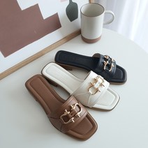 주디 금장 버클 뮬 스퀘어 가벼운 가죽 쿠션 슬리퍼 3color