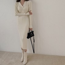 넷투넷코리아 여성 롱 원피스 니트 브이넥 슬림 페미닌 H라인 기본