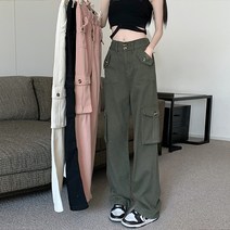 긴바지 와이드바지 카고팬츠 여성용 봄 신작 하이웨이스트 스트레이트 레그 오버올 캐주얼 루즈핏 팬츠 와이드