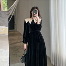 루즈핏 플랫 원피스 카라 봄가을 부드러운 벨벳 하객룩