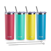 koodee 빨대 달린 591 5ml(20온스) 스키니 텀블러 스테인리스 스틸 이중벽 단열 슬림 여성 남성용 DIY 생일 선물 (퍼플) 미국직송, 4 Count (Pack of 1), 옐로우-틸-스카이 블루-와인 레드