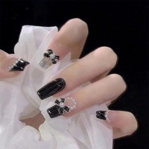잇템샵 네일팁 셀프 네일 아트 붙이는네일 인조손톱+양면테잎 세트 상품, 01_블랙진주리본 x 2개