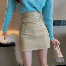 SURBORT 심플한 캐주얼 하이웨이스트 A라인 가죽스커트