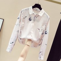 쉬폰 셔츠 일선 여성의류 전문점 궤짝을 치우다 유럽 잔품 긴 소매 두루미 학 무늬 플라워 프린팅 뽕누에 2940080653