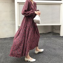 요나걸 여성 원피스 롱원피스 V넥원피스 잔꽃무늬원피스 긴팔원피스 데일리원피스 퍼프소매원피스 빅사이즈원피스 분위기원피스 허리스트리밍원피스 20대 원피스봄가을 원피스 + 양말증정