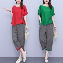 빌리즈빈 여름 여성 루즈핏 블라우스 체크무늬 바지 상하세트 5182
