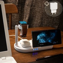 4IN1 삼성 갤럭시Z플립4 갤럭시 워치5 아이폰 애플워치 미니스탠드 접이식 무선충전기 무드등 + 18W어댑터 증정, 애플블랙+18W