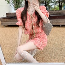 니트스커트세트 하객룩 투피스 여성겨울 KUSAHIKI Chic 3D 장미 꽃 여성 세트 Sweet Puff Sleeve 레이스 업 블라우스 탑 하이 웨이스트 미니 스커트 Summe