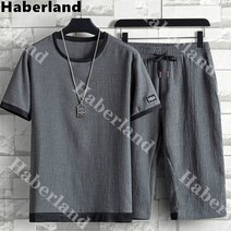 Haberland 여름 남성 데일리 배색 편안한 린넨 반팔티 7부 반바지 상하세트 츄리닝 트레이닝복 홈웨어 1701