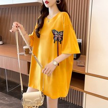 스타일아유 여성 여름 반팔 티셔츠 라운드 배색 나비 패치 유니크 루즈 박시 코튼 면 롱반팔티 얇은 시원한 데일리 캐주얼