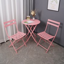 북유럽 파스텔 테라스 루프탑 철제 테이블 의자 세트, 2 의자+60 라운드 테이블(핑크)