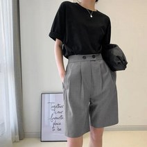 여성 반바지 데님 린넨 숏팬츠 와이드 카고 Lucyever 한국어 Office Suits 여성용 패션 Double-bottons 하이 웨이스트 무릎 길이 바지 2022 Summer