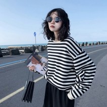 넥플 여성 줄무늬티셔츠 라운드 루즈핏 단가라 스트라이프 봄 티셔츠