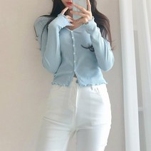 브이넥 골지 주름 프릴 레이스 긴팔 크롭 숏 가디건