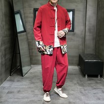 2023 봄여름 남자 자수 면마 투피스 남 린넨 버클 캐쥬얼복장