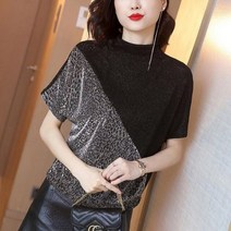 오버사이즈 캐주얼 레오파드 패치 워크 스팽글 티셔츠 탑 여성용 루즈한 올 매치 풀오버 여름 패션