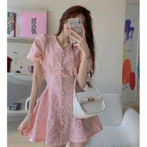 안나리야 플라워 꽃무늬 자수 퍼프 반팔 보석 미니 원피스 SY