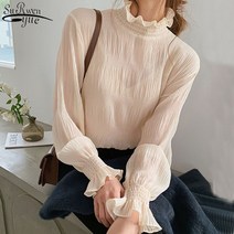 퍼프소매 블라우스 여성 퍼프소매티 플리츠 쉬폰 셔츠 봄 주름 여성 셔츠 패션 오피스 레이디 쉬폰 블라우스 여성 스탠드 칼라 플레어 슬리브