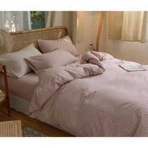 인디핑크 선염 깅엄 체크 워싱 면 홑겹 이불+매트리스시트+베개 커버 세트 슈퍼 킹 퀸 싱글