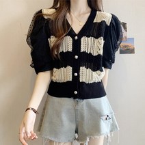 반팔 숏 니트 체크 가디건 체도벌룬CD