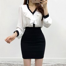 여리블랑 브이넥 배색 프릴 셔링 쉬폰 하객 블라우스