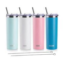 koodee 빨대 달린 591 5ml(20온스) 스키니 텀블러 스테인리스 스틸 이중벽 단열 슬림 여성 남성용 DIY 생일 선물 (퍼플) 미국직송, 4 Count (Pack of 1), 티파니 블루-화이트-핑크-스카이 블루